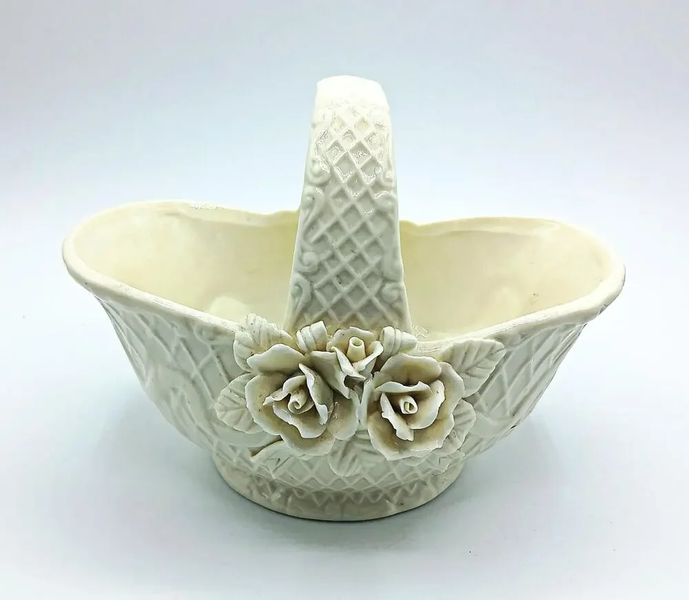 Vintage Ivory Porcelain Basket w/Raised Rose and Weave Detail